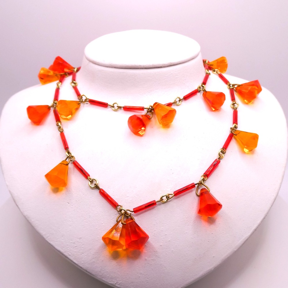 Vintage Glass Orange Lucite Drop Dangle Facet Beaded 28.5" Long Panel Necklace